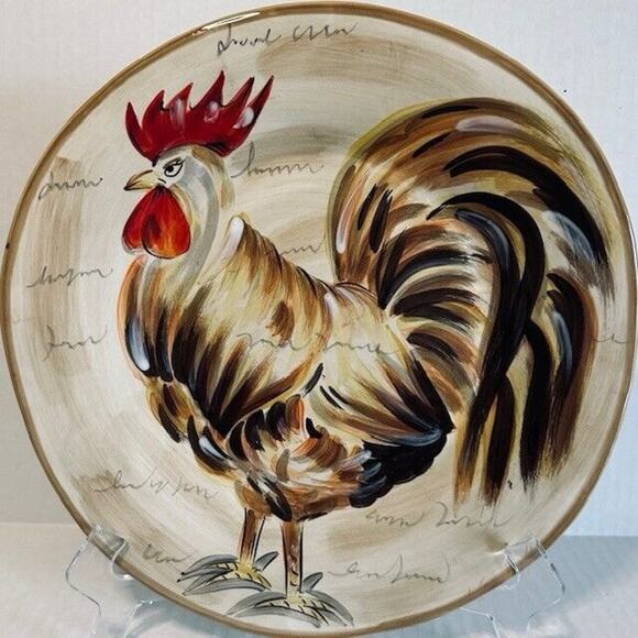 TableTops Gallery Romalo Rooster Dinner Plate 11.5" set of 4 Hand Painted Rustic - Picture 2 of 13